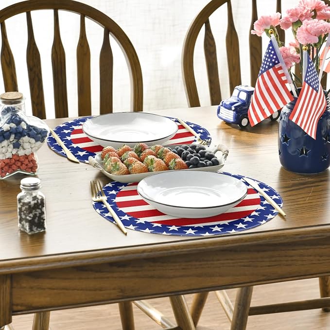 Artoid Mode Watercolor Stripes Stars 4th of July Round Placemats Set of 4,14 Inch Patriotic Memorial Day Table Mats for Party Kitchen Dining Decoration