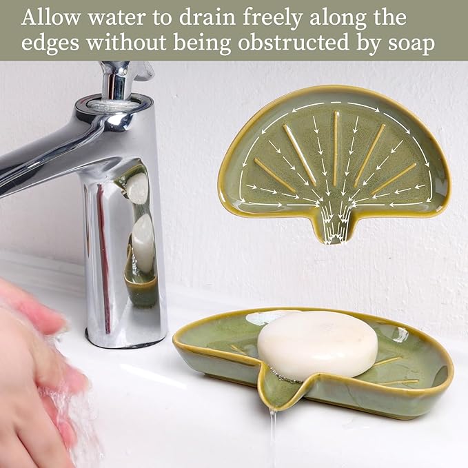 Ceramic Soap Dish, Self-Draining Bar Soap Holder for Bathroom, Sink, or Shower – Green Half-Moon Design, Easy to Clean, Keeps Soap Dry – ANTIS'S HOME