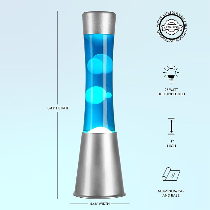 15.43" Cylinder Glow Lamp with Silver Base, Blue Liquid and White Wax, Novelty Lamp and Home Décor for Adults, Teens and Kids