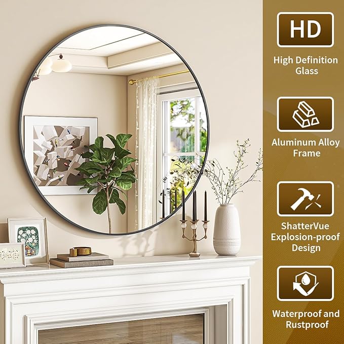 Black Round Mirror, 18 Inch Bathroom Mirror with Metal Frame, Wall Wall-Mounted for Entryway, Bathroom, Vanity, Living Room
