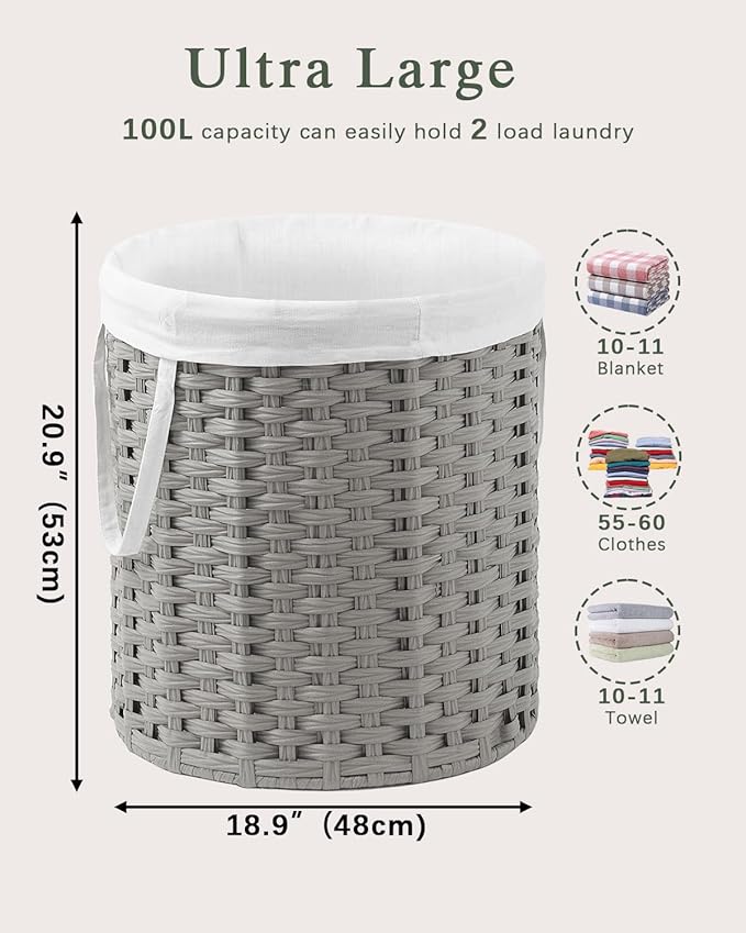 Laundry Hamper Round 26.5 Gal (100L) Handwoven Rattan Laundry Basket, Large Wicker Laundry Hamper with Removable Laundry Bag Handles 2 Mesh Bags for Bathroom Living Room Gray