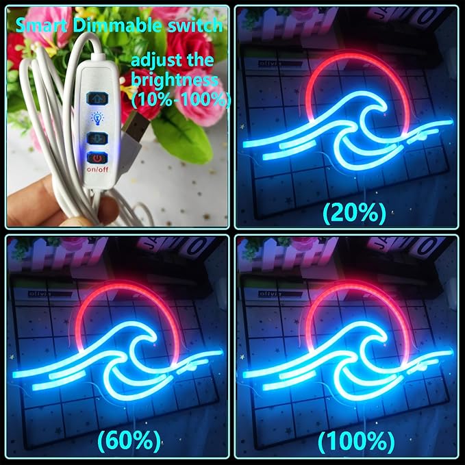 Sunrise Sunset Neon Sign Dimmable Wave Tropical Sunrise Ocean Neon Sign Surf Room Decor for Living Room Bedroom Office Bar Birthday Party Christmas (Ice blue,Red)
