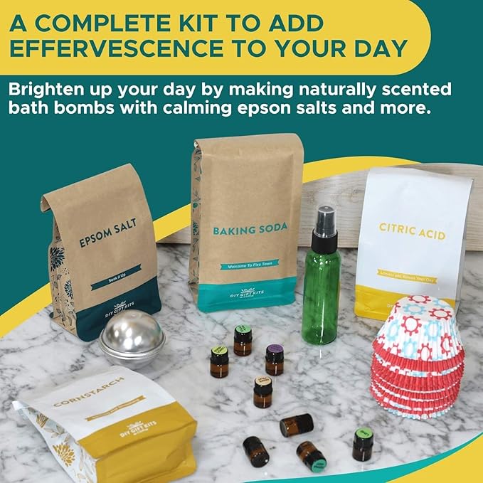 DIY Gift Kits Bath Bomb Making Kit for Kids, Make 12 All Natural Bath Bombs at Home, Made in the USA, 100% Pure, 7 Essential Oils, Epsom Salts, Cupcake Mold Liners, Recipes, Gift Box Included