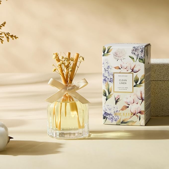 Airkeep Reed Diffuser Set with 3 Sticks,3.04oz Clean Linen Baby's Breath Flower Flame Free Fragrance Diffuser for Home Décor Floral Diffuser Room Fresheners for Home Long Lasting