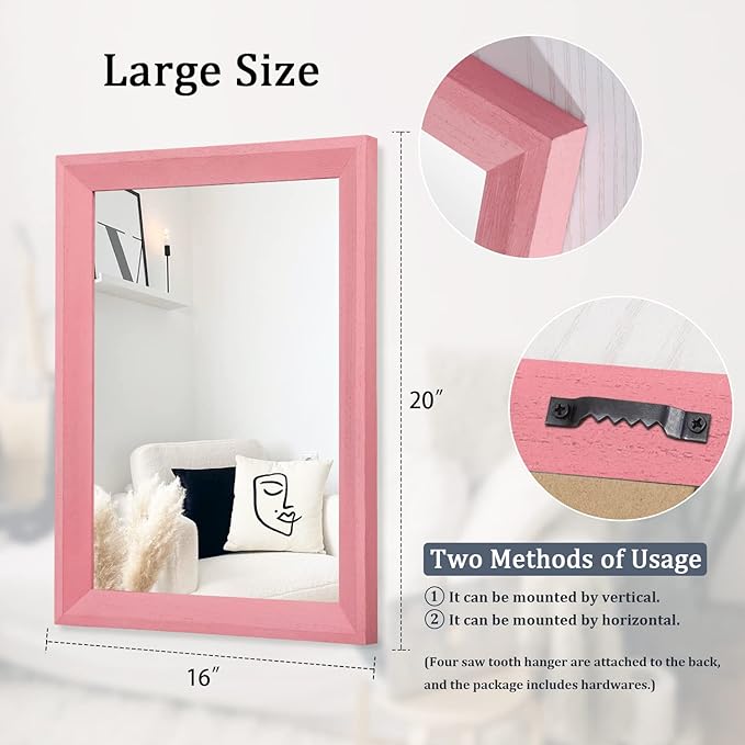 AAZZKANG Rectangle Mirror with Wood Frame Modern Farmhouse Wall Mirrors Decor Large 20"x16" for Bedroom Bathroom Living Room Pink