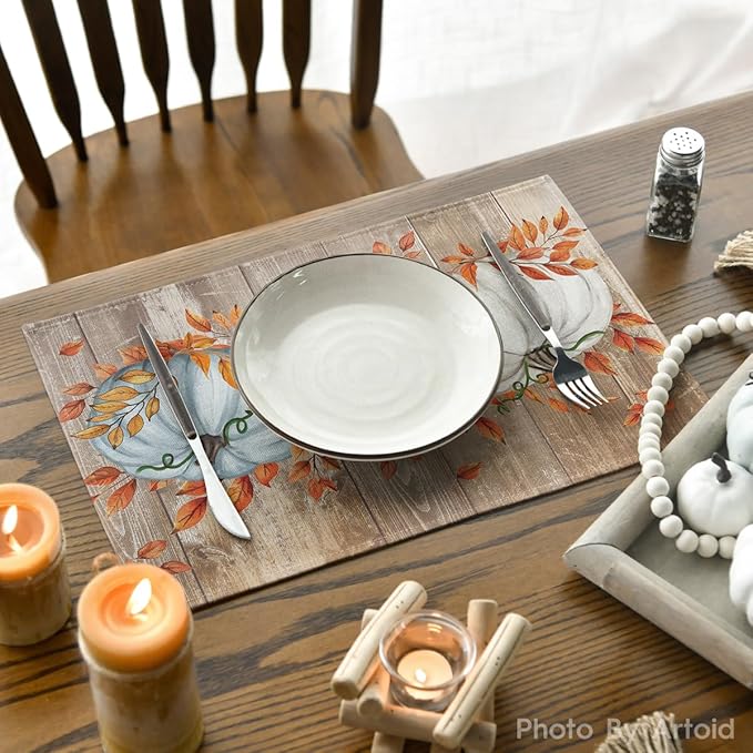 Artoid Mode Blue Pumpkin Wood Grain Fall Placemats Set of 4, 12x18 Inch Seasonal Thanksgiving Holiday Table Mats for Party Kitchen Dining Decoration