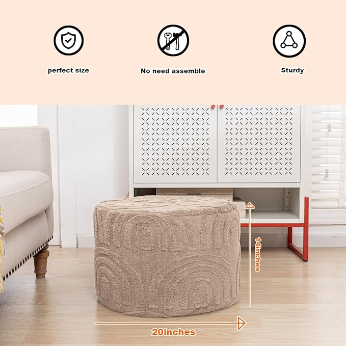 Asuprui Round Ottoman Pouf Ottoman Foot Stool Seat Faux Fur Bean Bag Foot Rest Floor Chair Leg Rest for Living Room, Bedroom or Wedding Gifts 20x20x14 Inches (Natural Linen)