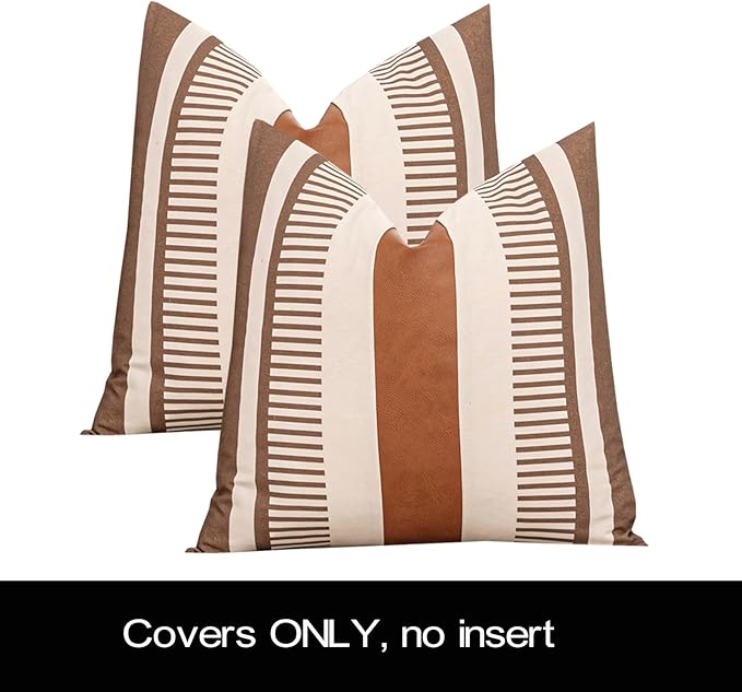 Farmhouse Stripe Pillow Cover 18x18 Boho Accent Cushion Case Faux Leather Decorative Pillowcase,Cocoa Brown and Beige (Cover ONLY, Pack of 2)