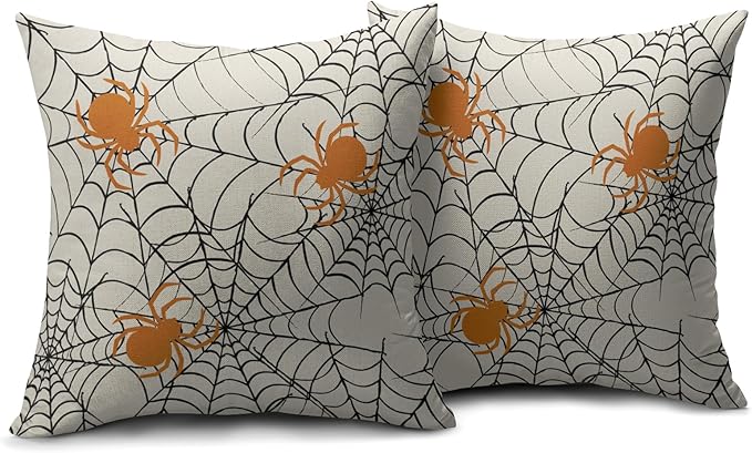 Halloween Spiderweb Pillow Covers 18x18 Set of 2 Cream Black Spider Web Orange Spider Outdoor Decorative Throw Pillows Scary Farmhouse Pillowcases Linen Cushion Case Decor for Home Sofa Couch Bed