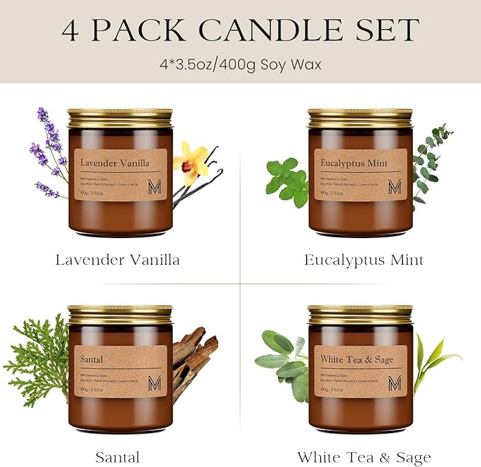 M&SENSE 4 Pack Candles Set for Home Scented Aromatherapy Candle Gift Set for Women Soy Wax Long Lasting Amber Jar Candles Gift for Birthday Housewarming Mother's Valentine Day