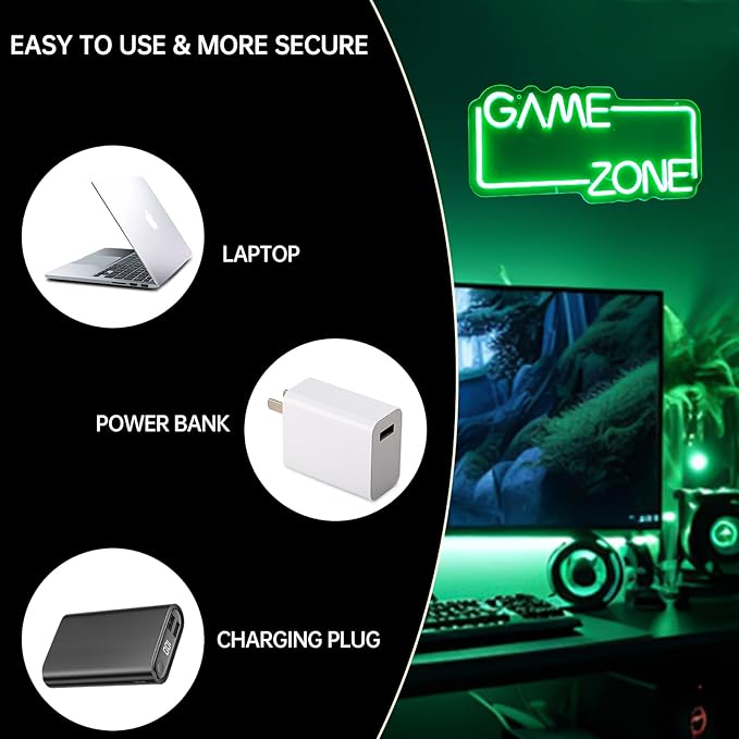 Game Zone Gaming Neon Sign - Boys Gaming Room Decor Light Signs, LED Bright Green Gamer Neon Sign for Teen Boys Bedroom, Party, Gifts for Gamer Boyfirend, Dimmable Switch USB Powered