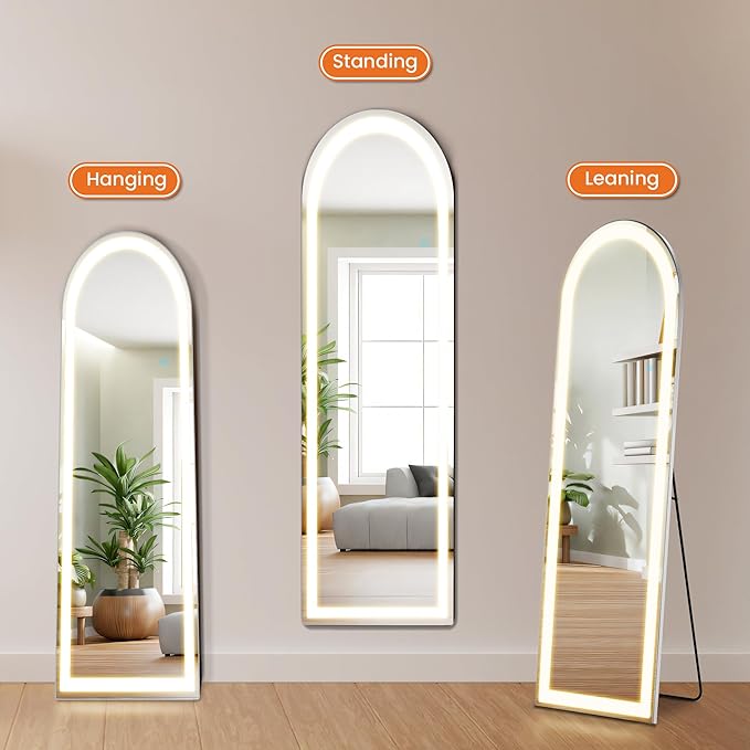 Arched Full Length Mirror with LED Lights, 60"x16" LED Floor Mirror with Stand, Body Floor Mirrors with Dimming & 3 Color Lighting, Wall Mounted LED Mirrors for Bedroom, Dressing Room, Cloakroom