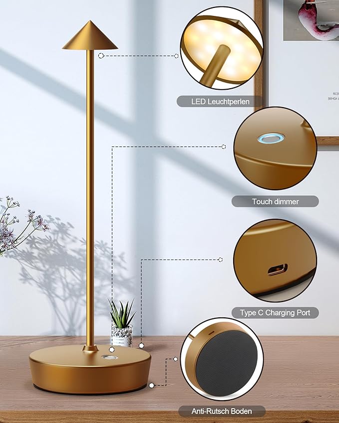 Cordless Table Lamps Rechargeable, 6000mAh Battery Operated LED Desk Lamp Outdoor Waterproof Portable Touch Dimmable Table Night Light for Patio Restaurant Dining Home Set of 2 Bronze