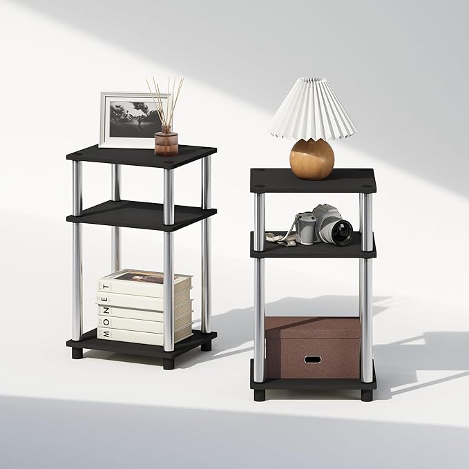Furinno Just 3-Tier Turn-N-Tube Open Storage Nightstand, 2-Pack, Americano, Stainless Steel Tubes