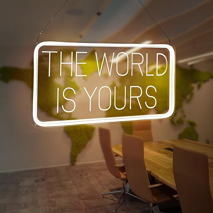The World is Yours Neon Signs for Wall Decor 3D Carving Design Neon Sign for Bedroom. Warm White LED Neon Signs for Room, Bar, Office, Birthday Party Wedding
