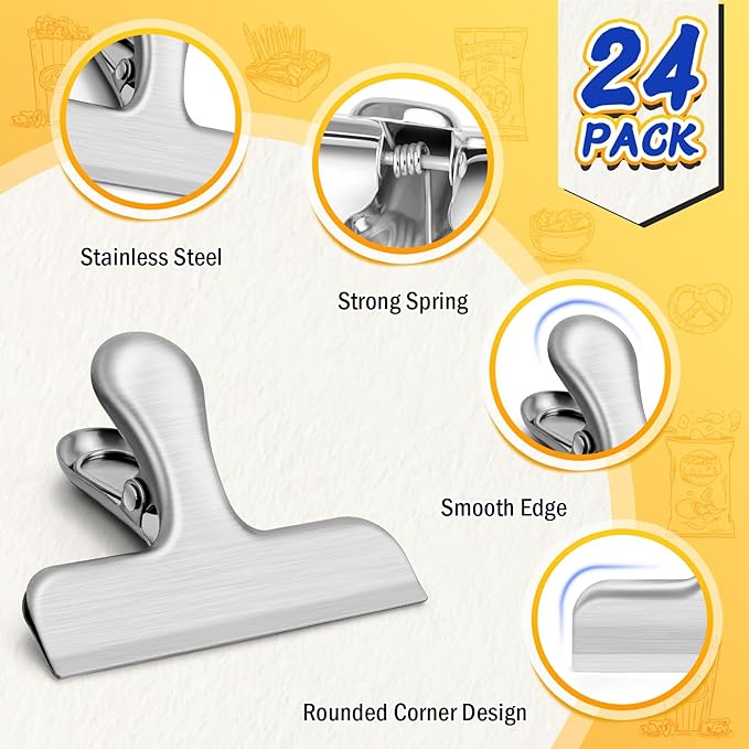 VNDUEEY 24 Pack Stainless Steel Chip Clips, Bag Clips for Food, Heavy Duty Snack Clip Clips to Seal Coffee Bags, Ideal for Office Kitchen Use, Binder Clips Large - 3 Inches, Silver