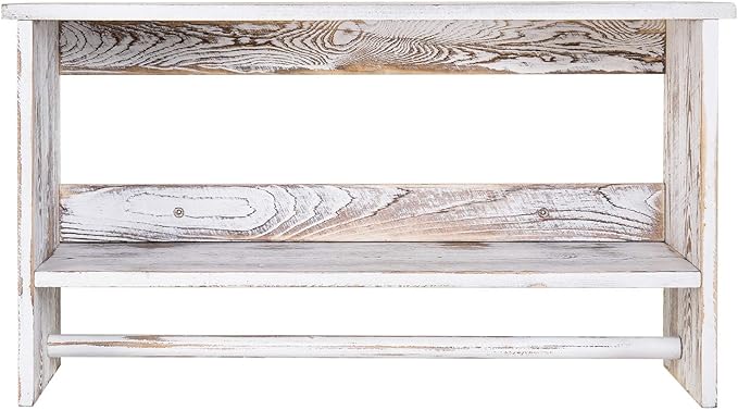 MyGift Wall Mounted Shabby White Washed Solid Wood Bathroom Accessories Organizer 2 Tier Display Shelf with Towel Bar