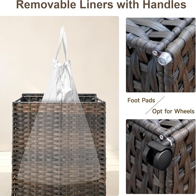 88L Slim Laundry Hamper with Wheels, 23.3 Gallon Rolling Laundry Basket with Lid, Tall and Narrow Laundry Hamper with 2 Removable Liner & 3 Mesh Laundry Bags, Laundry Sorter for Bathroom, Brown