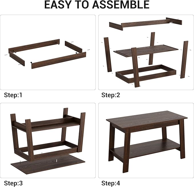 2-Tie Coffee Table, Rustic Wood Living Room Tables with Open Rectangular Storage Compartment, Coffee Tables for Living Room, Outdoors, Home Office, Bedroom, Walnut