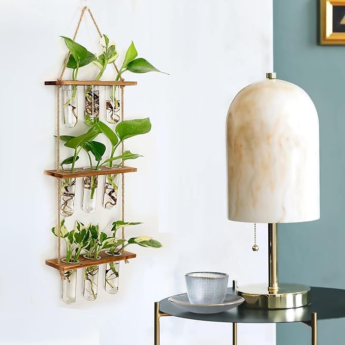 XXXFLOWER Wall Hanging Propagation Station with Wooden Stand Glass Test Tubes Tiered Planters Wall Terrarium for Home Office Plant Hanger Flower Vases Wall Decor Hydroponic Cuttings (9 Tube Vases)
