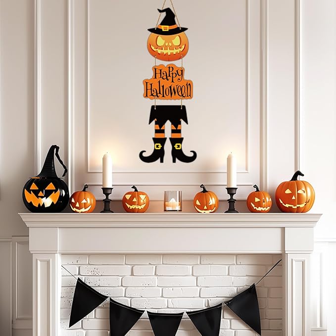Halloween Door Decorations Halloween Wreath Witch Legs Front Door Hanger Scary Pumpkin Witch Hat Hanging Sign Wooden Wall Decor for Room Party Indoor Home Decor