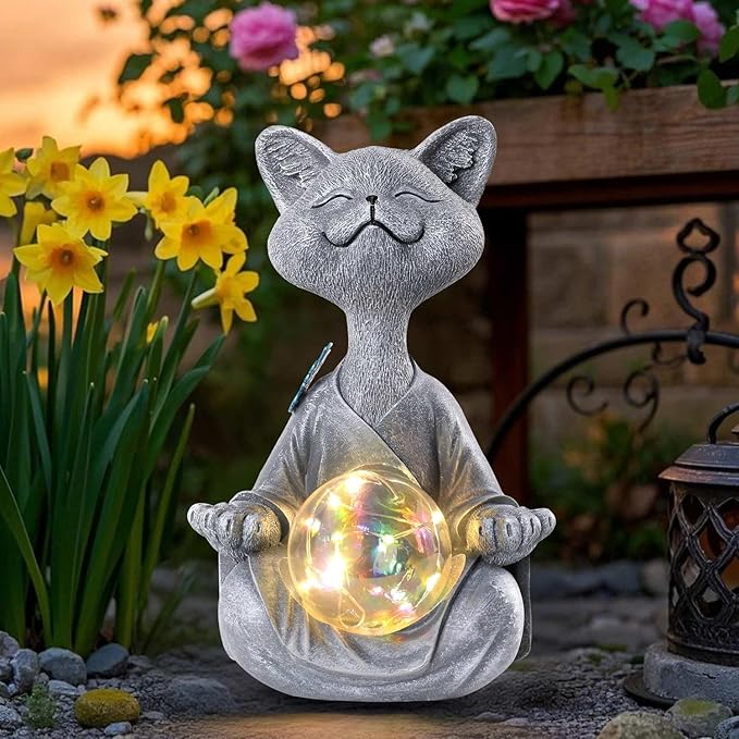 Solar Garden Decor Statues 7" Resin Cat Figurines with Glass Ball Waterproof Cat Decor for Outside Yard Patio Porch Decoration Gift for Mom Grandma