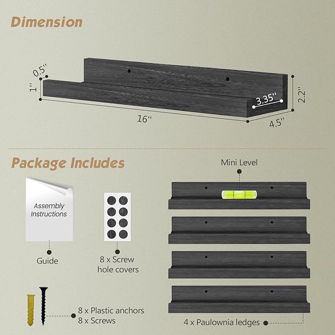Forbena Corner Floating Shelves for Wall with Lip Set of 4, Black Small Wood Picture Ledge Shelf for Living Room Bedroom Bathroom Nursery Books, Repisas Flotantes de Pared para Cuarto Sala Baño Negro