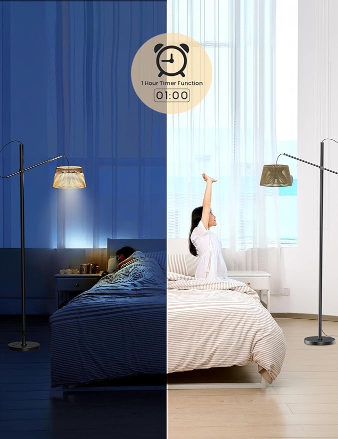 Arc Floor Lamp with Remote, Boho Floor Lamp with 3 Color Temperatures, 2700K-6500K Dimmable Rattan Standing Lamp with LED Bulb and Foot Switch, Adjustable Tall Lamp for Living Room Bedroom