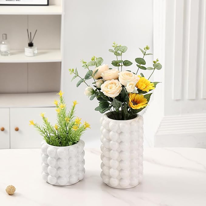Bubble Vases, Set of 2 White Ceramic Vases, Short Vases, Ceramic Flower Vases, Unique Vases, Tall Bubble Vases for Coffe Table Decor, Decorative Vases for Living Room, Dining Table, Wedding