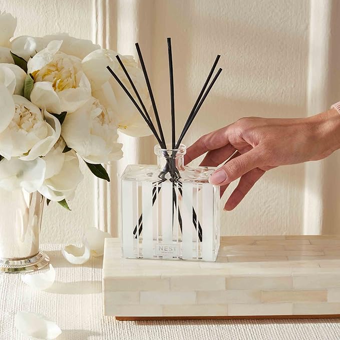 NEST New York Reed Diffuser, Santorini Olive & Citron - 5.9 fl oz - Fragrance for Up to 90 Days - Reusable, Refillable Glass Holder - Includes 8 All-Natural Reed Sticks - Flame Free