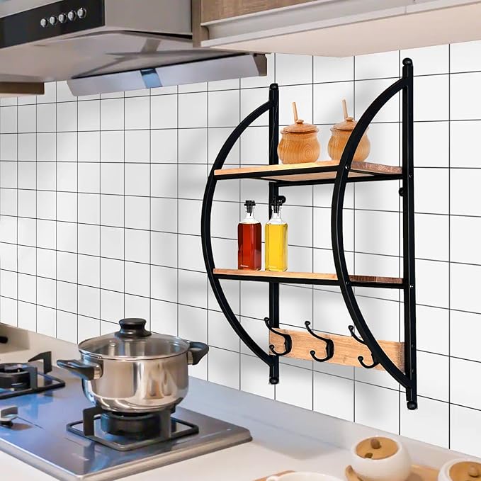 AGILE&KEEN Wall Mounted Bathroom Shelf, 2-Tier Wood and Iron Storage Rack with Hooks, Black Metal Frame 16" W X 7" D X 29" H