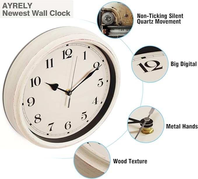 AYRELY® Decorative Vintage Wall Clock - 11Inch Silent Non-Ticking Clocks Battery Operated - Classic Decor for Living Room, Farmhouse, Kitchen, Bedroom, Bathroom (White)