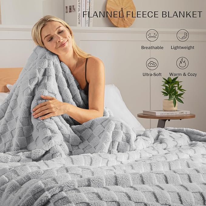 Exclusivo Mezcla Twin Size Flannel Fleece Blanket, Super Soft and Warm Lightweight Checkered Pattern Blankets for All Seasons, 60x80 Inches, Light Grey