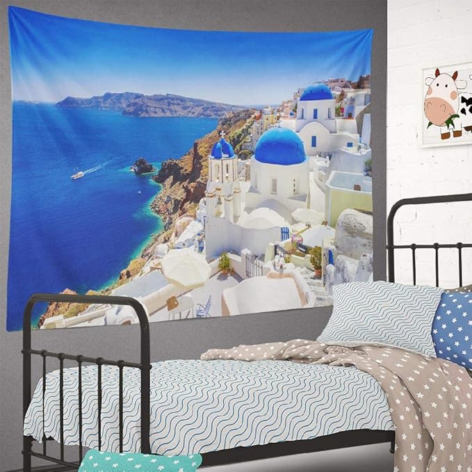 Santorini Tapestry,Wall Hanging Beautiful Town Landmark Nature Europe Wall Tapestry for Bedroom Living Room Tablecloth Dorm 80X60 Inches