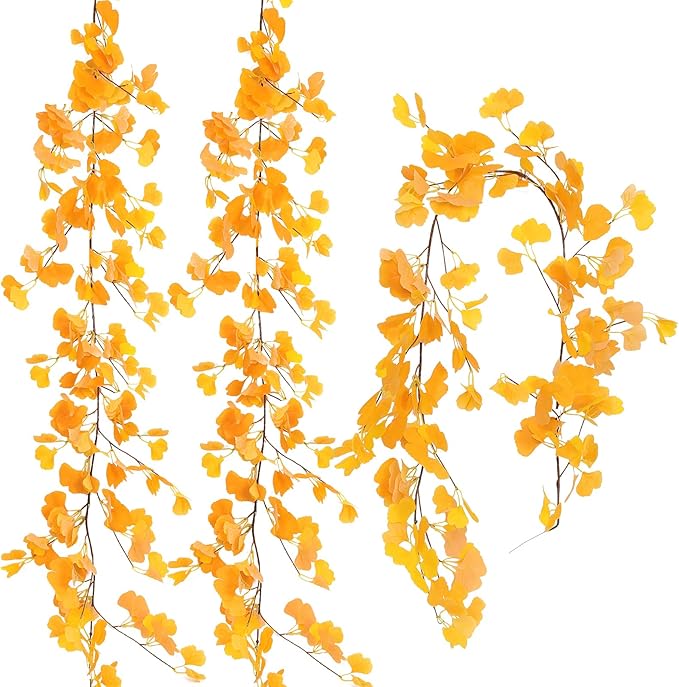 RECUTMS Artificial Fall Garland Hanging Ginkgo Biloba Twigs Vines 2Pcs 5.57FT Fake Ginkgos Leaf Rattan Faux Ivy for Thanksgiving Christmas Party Wedding Indoor Outdoor Home Fence Fireplace Table Decor