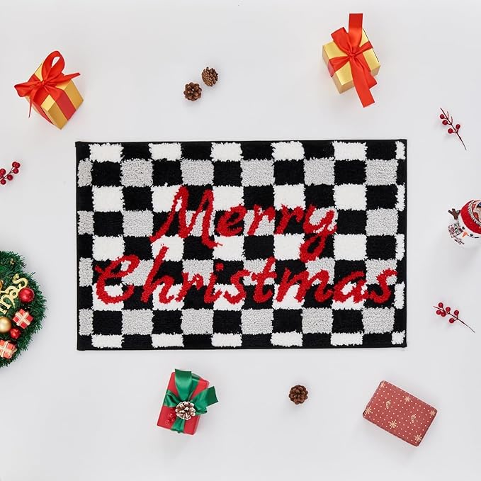 Douceur Christmas Checkered Bathroom Rugs, Cute Black Bath Mat, Christmas Bathroom D cor Non Slip Bath Rugs, Soft and Absorbent Washable Bath Rugs for Bath 32"X20"