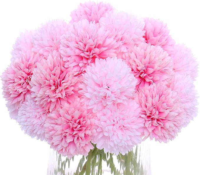 Kimura's Cabin 20Pcs Fake Silk Flower Artificial Ball Flowers Chrysanthemum Flower Faux Mums Flowers Wedding Arrangements Bouquets Decor Home Garden Table Centerpieces (Pink Light Pink)