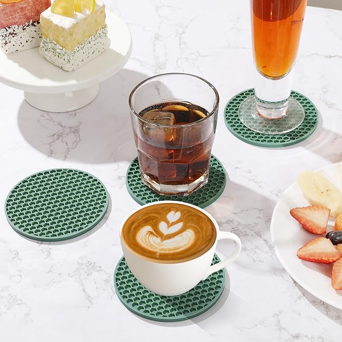 Silicone Coaster Set of 16 with Holder, Drinks Coasters, Beer & Coffee, Hot or Cold, Anti-Slip, Non-Stick, Anti-Overflow Tabletop Protection and Decor (Green, 16 Pcs)