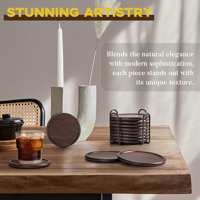 Wood Coasters with Metal Holder, GOH DODD Set of 8 Walnut Wooden Coaster Tabletop Protection for Drinks Coffee Table Home Kitchen Office Bar Living Room Decor Housewarming Gifts Wedding Party, 4 Inch