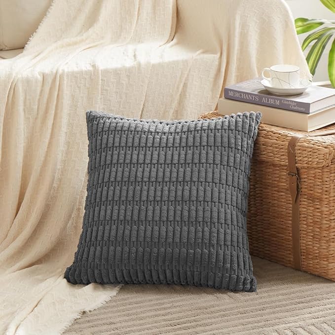 Fancy Homi 4 Packs Dark Grey Decorative Throw Pillow Covers 24x24 Inch for Couch Bed, Rustic Modern Farmhouse Boho Home Decor, Soft Plush Corduroy Gray Cute Square Accent Cushion Case 60x60 cm