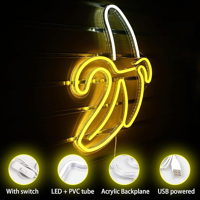 Banana Neon Signs Led Neon Lights Art Wall Decorative Lights Neon Lights for Room Wall Kids Bedroom Birthday Party Bar Decor 11''x19.7'' (Warm Yellow)