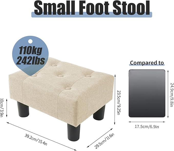 BRIAN & DANY Small Foot Stool, Linen Foot Stools with Legs, Stable Small Footstool for Living Room, Beige