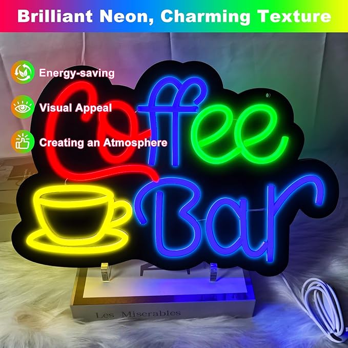 Neon Sign, Coffee Bar Neon Light, 16.14 x 10.43 Inch, Modern Style, Wall Mount, Neon Color, Rubber & Plastic Material, USB Powered