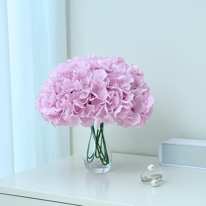 Artificial Hydrangea Flowers Mauve Lavender Heads 10 Fake Hydrangea Silk Flowers for Wedding Centerpieces Bouquets DIY Floral Decor Home Decoration with Stems(VASE NOT Included)