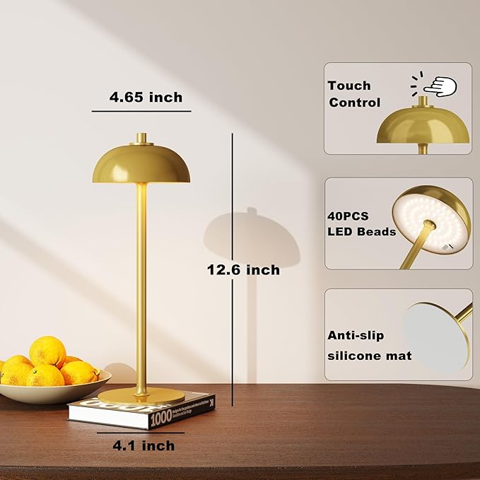2 Pack Cordless Table Lamp, 5000mAh Portable Rechargeable Table Lamp, 3 Color Modes Stepless Dimming Table Light with Memory Function, for Dinner, Patio, Home, Restaurant.(Brushed Gold)