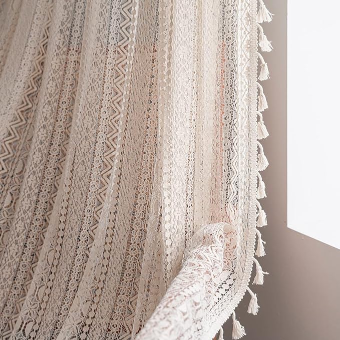 JOOJA 84 inch Length 2 Panels Set Rod Pocket Farmhouse Beige Crochet Semi Sheer Lace Boho Curtains, Vintage Cotton Tassel Window Treatment for Bedroom Living Room 59x84