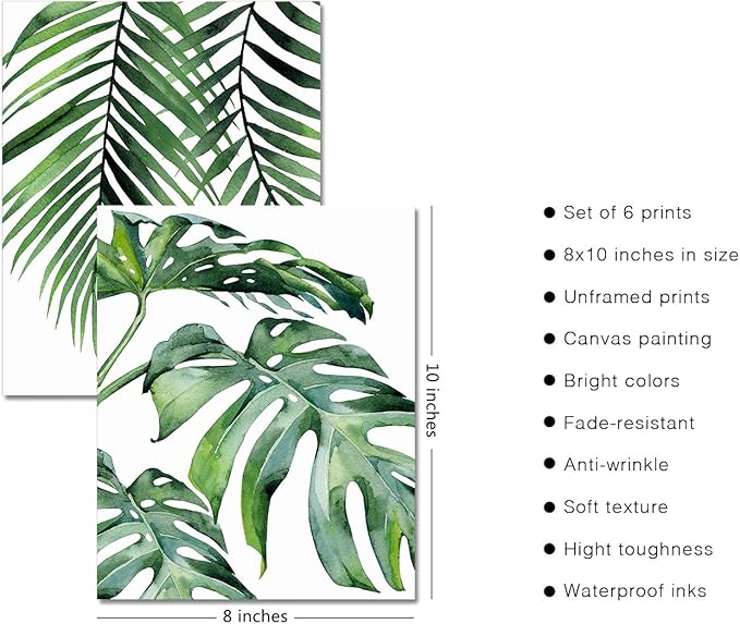 HoozGee Green Botanical Wall Art Print Set of 6 Natural Plant Leaves Home Decor Boho Leaf Bathroom Wall Art Canvas Plant Posters Leaf Art Prints Poster Set Room Decor (8"x10" UNFRAMED)