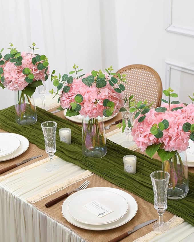 Tifuly Fake Hydrangea Artificial Flowers with Vase 4pcs Real Touch Faux Hydrangea with 3pcs Eucalyptus Stems for Wedding Centerpiece Home Party Table Decoration(Pink)