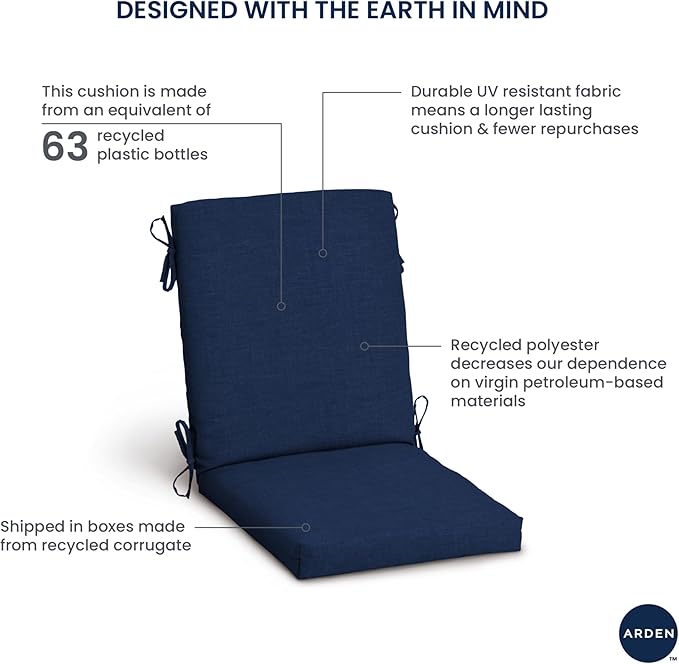 Arden Outdoor Dining Chair Cushion, 20 in x 20 in, Weather-Proof, Rain-Proof, Fade Resistant Patio Cushion for Patio, Dining, or Rocking Chairs 20 x 20, Blue Shibori Stripe