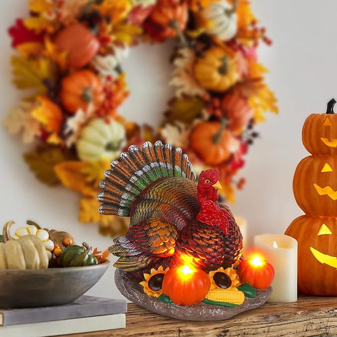 Thanksgiving Turkey Decorations Indoor Resin Turkey Figurines with 2 Pumpkin Electric Candlesticks Fall Harvest Table Decor for Home Office Shelf Kitchen - Thanksgiving Autumn Gift